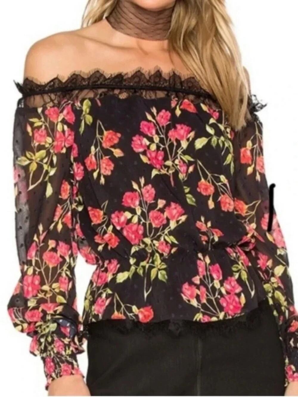 NBD Dylan Black Off-Shoulder Floral Peplum Lace Trim Polka Dot Blouse, Size XS